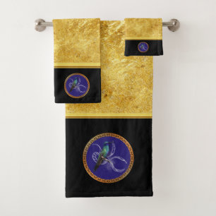 Conjunto De Toalhas Turquesa verde e azul com colibri roxo