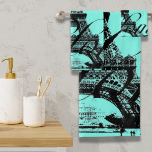 Conjunto De Toalhas turquoise aqua teal scripts Paris Eiffel Tower