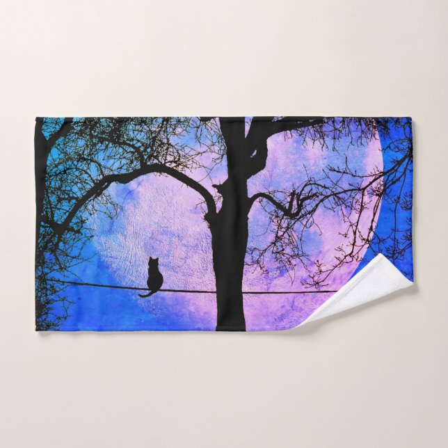 Conjunto De Toalhas Um gato preto em uma lua cheia de fio (Toalha de mão)
