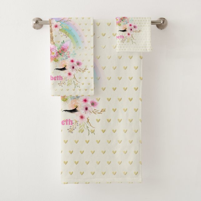 Conjunto De Toalhas Unicórnio Rosa Dourado Olhar Com Leitura Chamada G (Insitu)