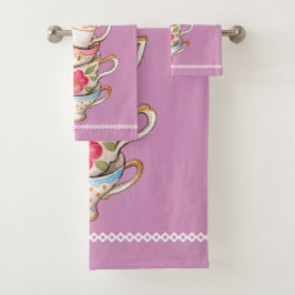 Conjunto De Toalhas Unique hand drawn vintage coffe cups Pretty pink