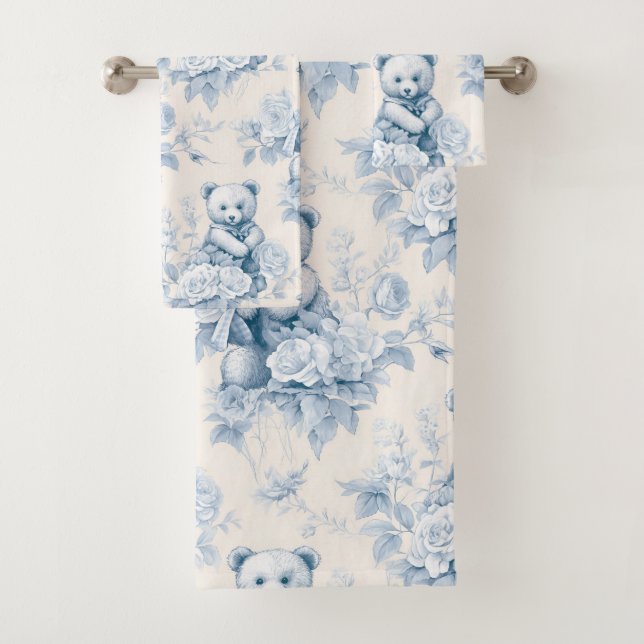 Conjunto De Toalhas ursinho de peluche com rosas azuis (Insitu)