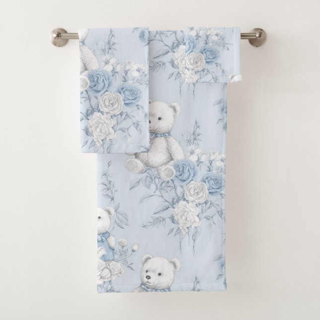 Conjunto De Toalhas ursinho de peluche com rosas azuis (Insitu)