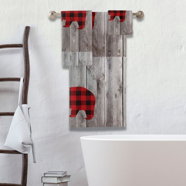 Conjunto De Toalhas ursinho de xadrez de búfalo vermelho de madeira ru (rustic woodland barn wood red buffalo plaid bear bath towel set)