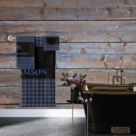 Conjunto De Toalhas Urso do Monograma da Xadrez russa | Azul preto