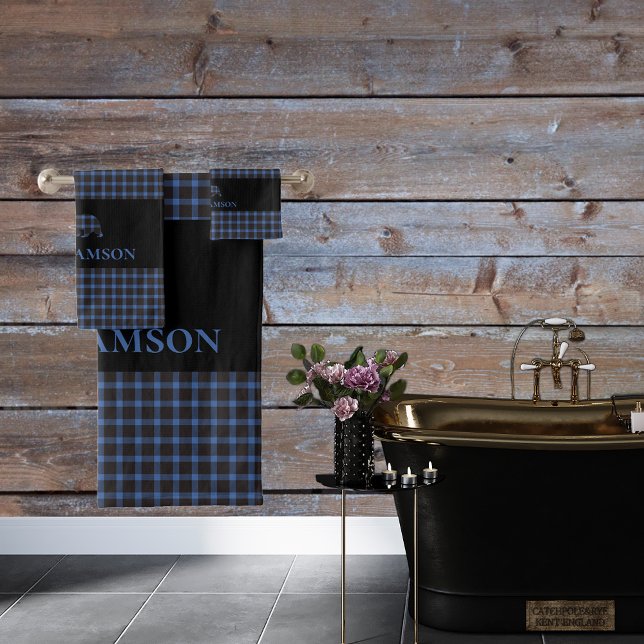 Conjunto De Toalhas Urso do Monograma da Xadrez russa | Azul preto (Criador carregado)