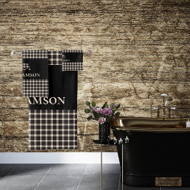 Conjunto De Toalhas Urso do Monograma da Xadrez russa | Preto-creme br