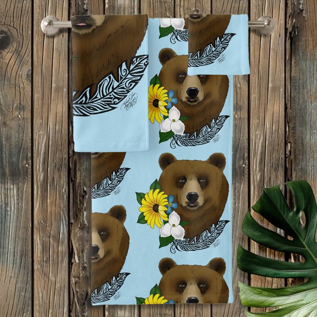Conjunto De Toalhas Urso Pardo Flores Azuis Pena Vida Selvagem (Criador carregado)