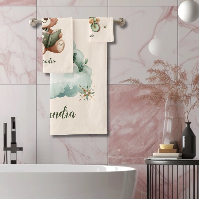 Conjunto De Toalhas Urso Verde de Teddy Boho Personalizado (Criador carregado)