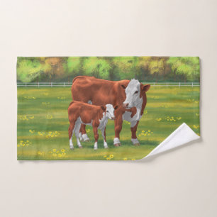 Conjunto De Toalhas Vaca Aubrac e Vitelo em Pastura Primavera