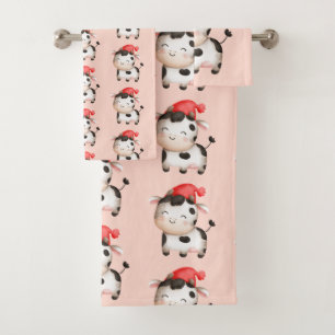 Conjunto De Toalhas Vaca feliz em um chapéu vermelho
