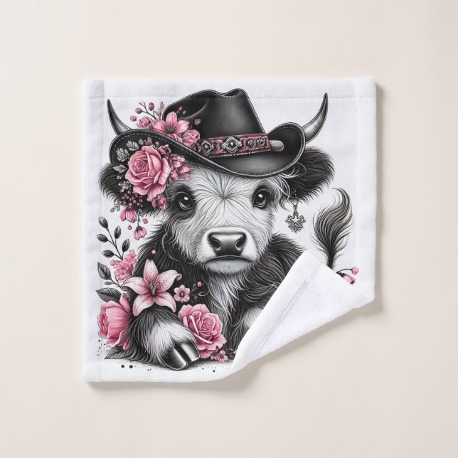 Conjunto De Toalhas Vaca Highland Com Chapéu Floral (Pano de lavar)