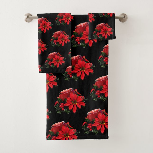 Conjunto De Toalhas Vela de Natal Vermelho Festiva, Holly e Poinsettia (Insitu)