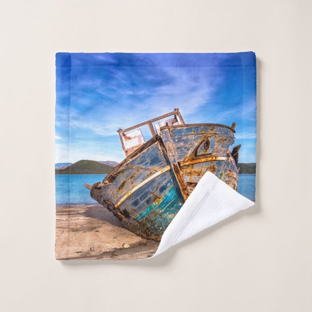 Conjunto De Toalhas Velha Barco Azul perto do Mar (Pano de lavar)