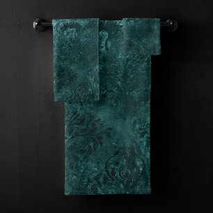 Conjunto De Toalhas Velvety Teal Damask Verde escuro Barroco