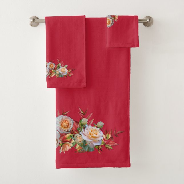 Conjunto De Toalhas Verdadeiro Vermelho com Rosas de Pêssego (Insitu)
