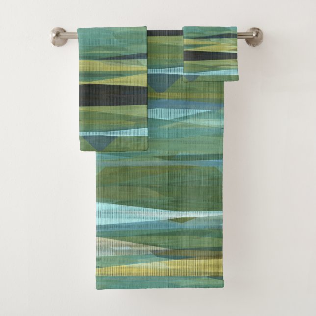 Conjunto De Toalhas Verde Azul e Cinza Arte Moderna (Insitu)
