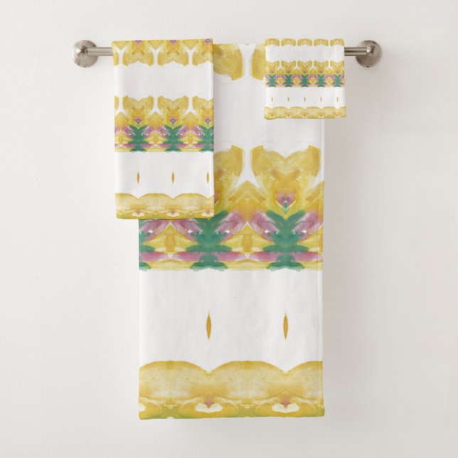 Conjunto De Toalhas Verde Branco Amarelo e Padrão Rosa (Insitu)