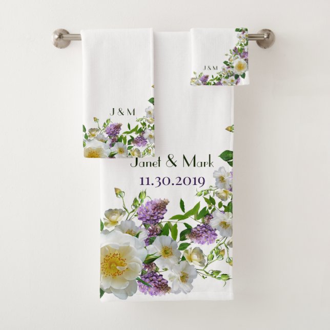 Conjunto De Toalhas Verde Elegante Personalizado Roxo Floral (Insitu)