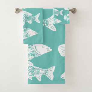Conjunto De Toalhas Verde floral branco litoral dos peixes & de mar