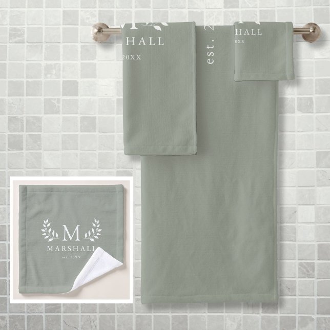 Conjunto De Toalhas Verde Moderno Elegante Monograma Floral (Green Modern Elegant Floral Monogram Name Bath Towel Set)