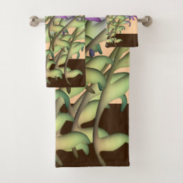 Conjunto De Toalhas Verde + Pêssego de Folhagem Roxa