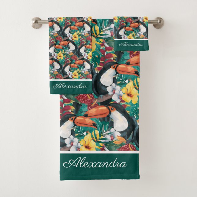 Conjunto De Toalhas Verde preto Toucan Monograma Tropical Flor (Insitu)