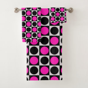 Conjunto De Toalhas Verificadas Bolinhas do círculo preto, cor-de-rosa