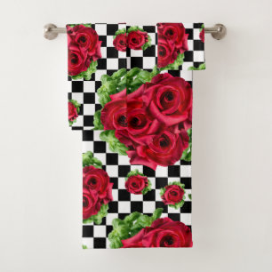 Conjunto De Toalhas Verificado com Rockabilly Love Floral do Rosa verm