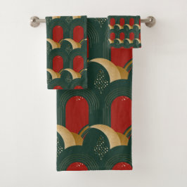 Conjunto De Toalhas Vermelho abstrato, Verde e Dourado