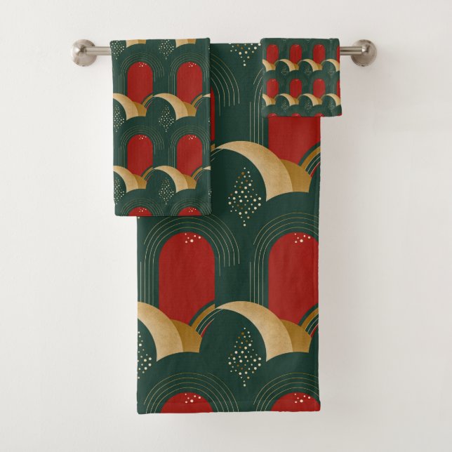 Conjunto De Toalhas Vermelho abstrato, Verde e Dourado (Insitu)