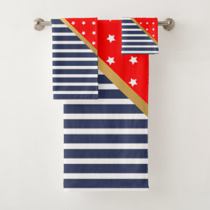 CONJUNTO DE TOALHAS VERMELHO AZUL ESTRELAS E STRIPES DE BANHEIRO DEFIN