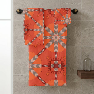 Conjunto De Toalhas Vermelho Boêmio Laranja Cinza Artístico Étnico Fol