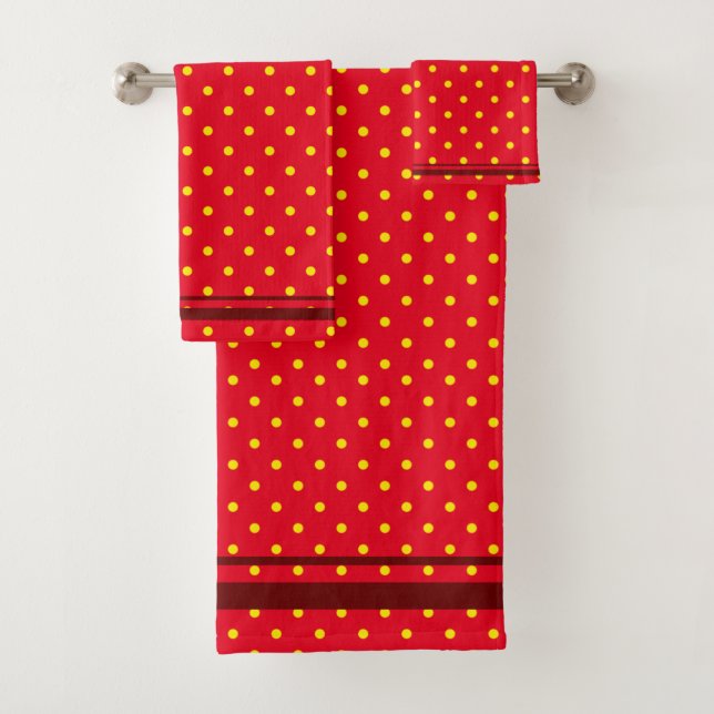 Conjunto De Toalhas Vermelho Com Bolinhas Amarelas E Listras Vermelhas (Insitu)