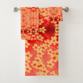 Conjunto De Toalhas Vermelho Com Pêssego Floral