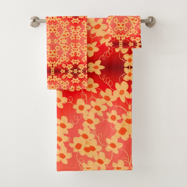 Conjunto De Toalhas Vermelho Com Pêssego Floral (Insitu)