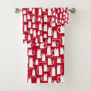 Conjunto De Toalhas Vermelho e Branco de Gato Cinto