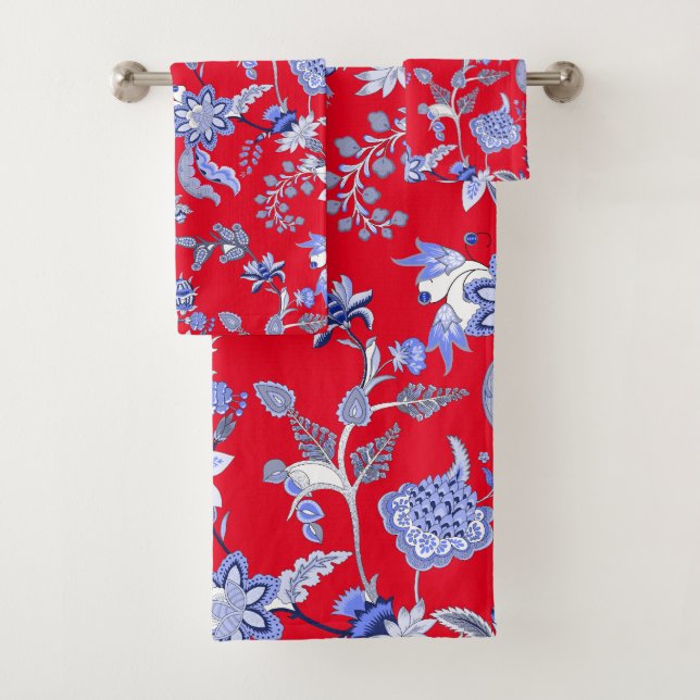 Conjunto De Toalhas Vermelho E Chintz Azul (Insitu)
