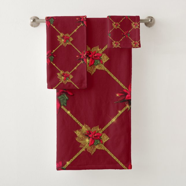 Conjunto De Toalhas Vermelho Escuro Elegante e Poinsettia Dourada (Insitu)