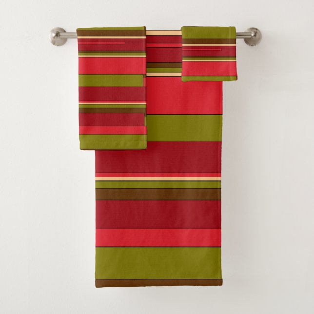 Conjunto De Toalhas Vermelhos Castanho-Vermelho Verde Stripes Padrões  (Insitu)