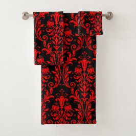 Conjunto De Toalhas Vermilion Red Floral Damask On Black