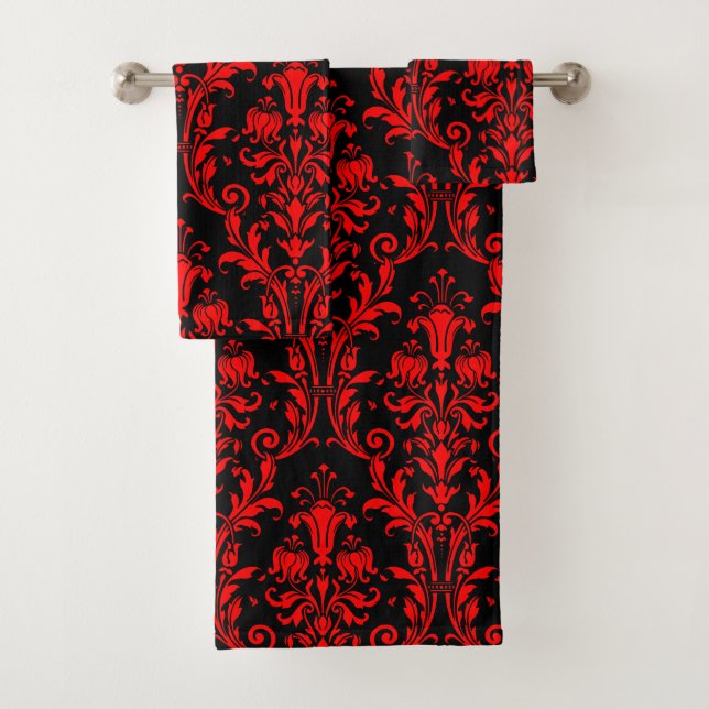 Conjunto De Toalhas Vermilion Red Floral Damask On Black (Insitu)