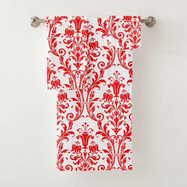 Conjunto De Toalhas Vermilion Red Floral Damask On White (Insitu)