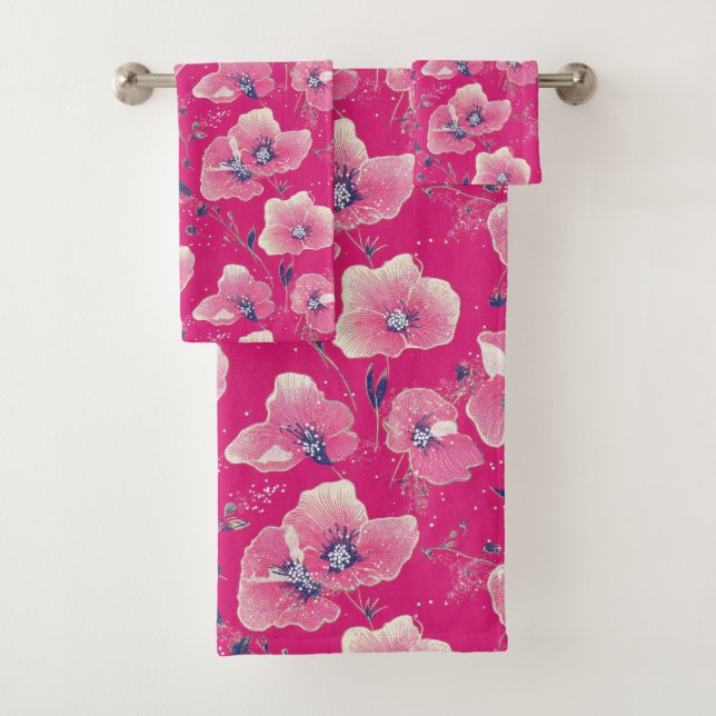 Conjunto De Toalhas Vibrant Floral Pattern in Pink, White & Royal Blue (Insitu)