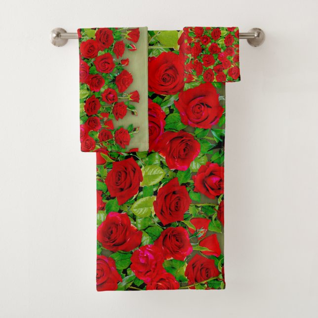 Conjunto De Toalhas Vibrant Red Rose Garden Floral Pattern (Insitu)