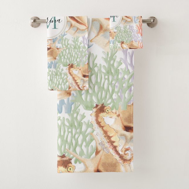 Conjunto De Toalhas Vida Marinha, Monograma Submarino Colorido (Insitu)