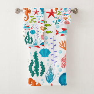 Conjunto De Toalhas Vida marinha tropical colorida e padrão dos animai