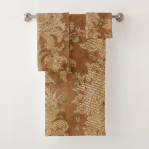 Conjunto De Toalhas Vintage Brown Damask Floral Teal Dragonflies