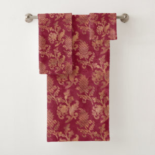Conjunto De Toalhas Vintage Dourada Maroon Floral Damask