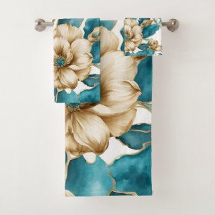 Conjunto De Toalhas Vintage Dourado Teal Branco Flor Padrão